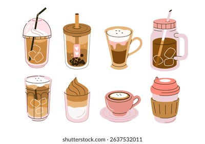 Various cold and hot drinks set. Collections of whipped instant, cold brew coffee, bubble tea, cappuccino, iced latte and other beverages in plastic cup, paper mug, glass. Vector illustration.