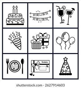 Diversa colección de iconos vectoriales de línea de celebración para fiestas, cumpleaños, fiestas, eventos, navidad, bodas, carnavales festivos y otros eventos. colección de iconos de elemento de partido Básico.
Con simple