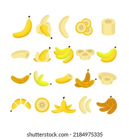 Various collections of fresh banana slices and banana peels hand drawn illustration