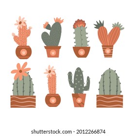 Various collections of potted cacti. Vintage illustration in silhouette, boho style, terra cotta colors. Set of succulents, flowering cacti. Vector illustration, flowers isolated on white background.
