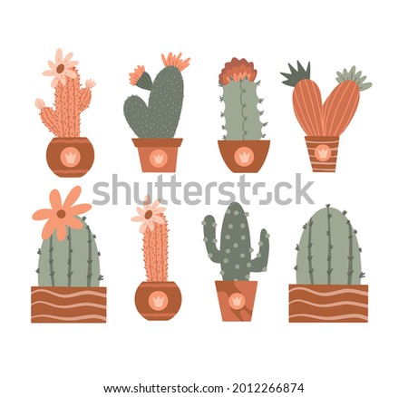Various collections of potted cacti. Vintage illustration in silhouette, boho style, terra cotta colors. Set of succulents, flowering cacti. Vector illustration, flowers isolated on white background.
