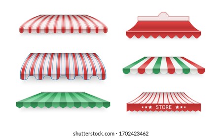 Various color awnings for shops, cafes, hotels, street restaurants. Sunshade for store. Mockup of open striped awnings for outlets and shop windows, marketplace tent roofs canopy. Vector illustration.