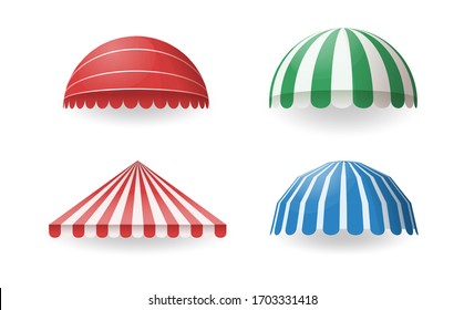 Various color awnings for shops, cafes, hotels, street restaurants. Sunshade for store. Mockup of open striped awnings for outlets and shop windows, marketplace tent roofs canopy. Vector illustration.