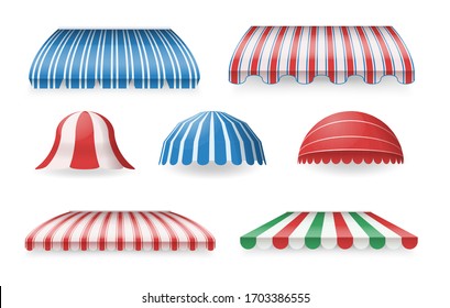 Various color awnings for shops, cafes, hotels, street restaurants. Sunshade for store. Mockup of open striped awnings for outlets and shop windows, marketplace tent roofs canopy. Vector illustration. svg