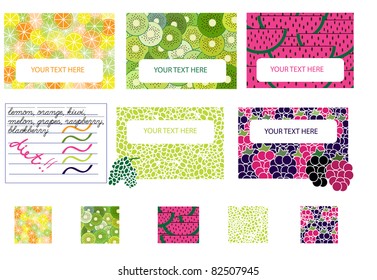 various color cards with fruits and place for your text, vector, creative computer graphic design, food and life style, health and diet