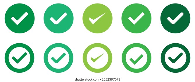 Botão de ícone de marca de seleção definido. Marque um círculo em um plano de fundo branco. ícone da caixa de seleção com botões à direita e ícones de marca de sim na caixa de marcação verde.