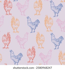 Various color cocks seamless pattern, hand-drawn illustration