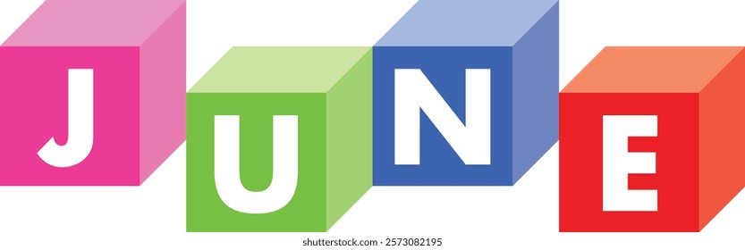 various color cube shape with word JUNE white color isolated on white background.