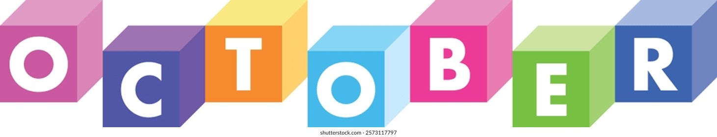 various color cube shape with word OCTOBER white color isolated on white background.