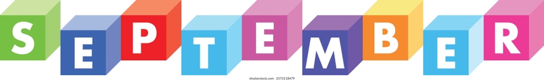 various color cube shape with word SEPTEMBER white color isolated on white background.