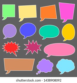 various color empty speech bubbles white border set with different shape on dark grey background. vector illustration 