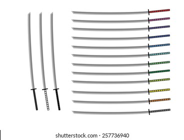 Various Color Katana Sword Set Isolated Vector illustration