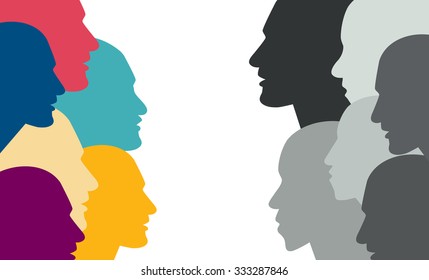 Various color people head in dialogue. Flat vector.