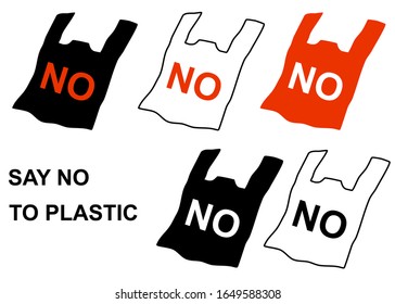 There’re various color plastic bag with a word NO isolated on white background. There’s a word SAY NO TO PLASTIC at the corner. Concept about recycling, reduces, reuse, environmental and etc.