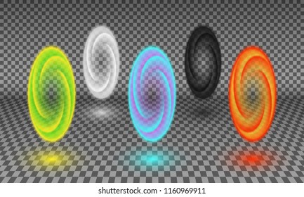 Various color portals isolated on transparency background. Magical tunnel or fictional wormhole, space and time portal effect, teleportation energy spiral design element.