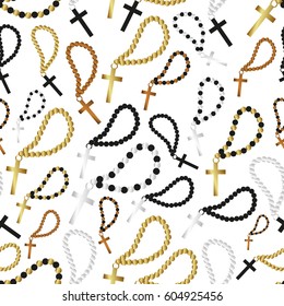 various color silver gold and bronze religion cross and rosary symbols seamless pattern eps10