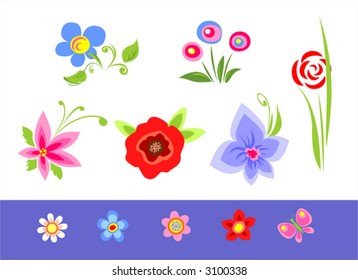 The various color stylized flowers on a white-blue background.