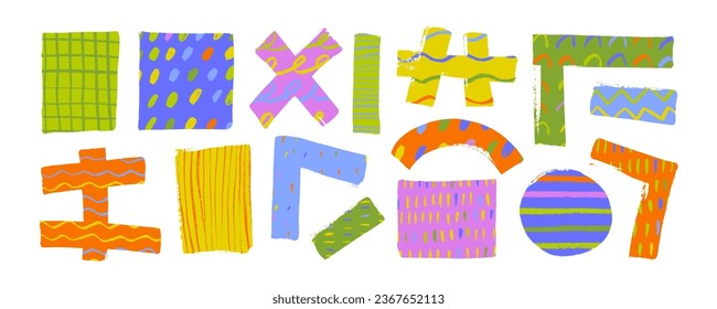 Various colored abstract geometric bold lines and shapes with doodle texture. Abstract patterned collage shapes, bright colored paper tape with childish texture. Hand drawn thick brush lines.