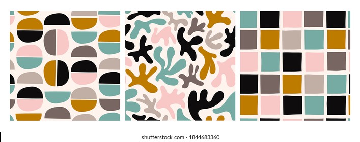 Various colored Abstract shapes. Set of three Colorful abstract Seamless patterns. Background, wallpaper. Hand drawn vector illustration. Pastel colors. Perfect for textile prints