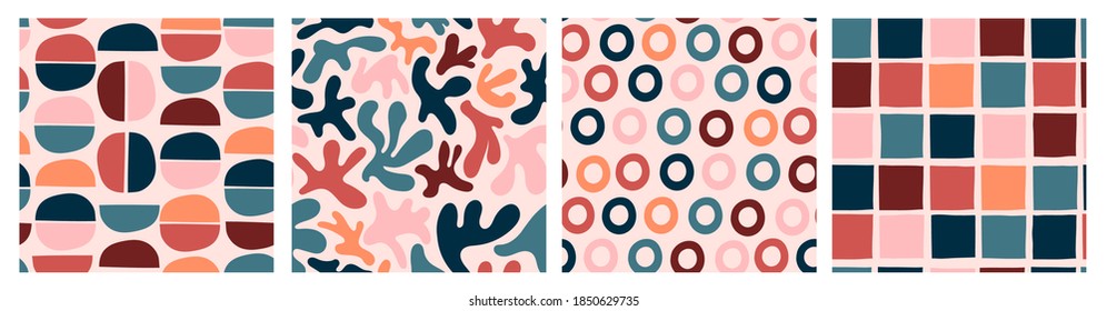 Various colored Abstract shapes. Set of four Colorful abstract Seamless patterns. Background, wallpaper. Hand drawn vector illustration. Pastel colors. Perfect for textile prints