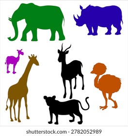 Various colored animal silhouettes like elephant rhino giraffe ostrich and antelope isolated on checkered background for artwork.