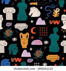 Various colored Antique statues. Heads of woman, knight, horse. Branch, amphora, hand. Mythical, ancient greek style. Hand drawn Vector illustration. Square Seamless pattern. Background, wallpaper