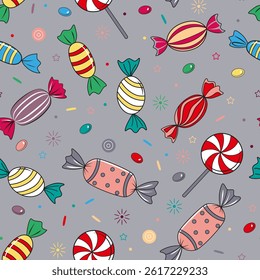 Various colored candies. Seamless pattern design with cute candy. Vector pattern with hand drawn sweets. Childish print for wrapping paper, party invitation, greeting cards, textiles, background.