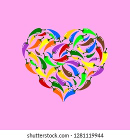 Various colored chilies are placed together in a heart shape on a pink background.