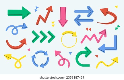 Various colored dinamic arrows set on light background. Playful Icons sticker in trendy 90s style. Vector illustration