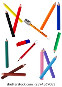 Various colored  isolated crayons, eraser and sharpener, vector illustration A4 format page