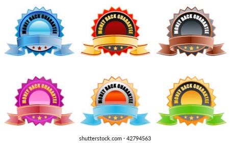 Various colored money back guarantee ribbons