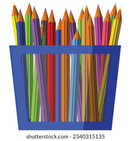 Various colored pencils arranged in a container.  Vector illustration