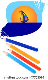 Various colored pencils to color a landscape maritime, vector