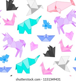 Various colored polygonal animals. Origami style. Hand drawn vector seamless pattern