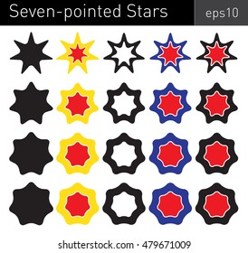 Various colored  seven-pointed stars with round angles on white background