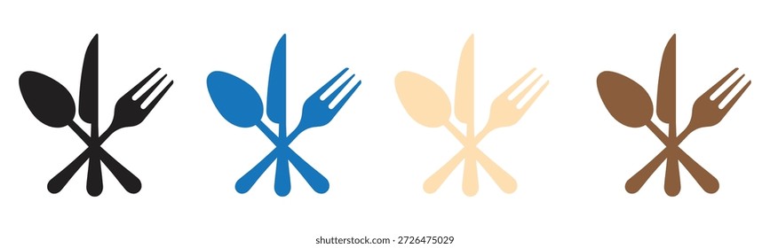 Varias siluetas de colores de cuchara cruzada, cuchillo y tenedor, perfectas para conceptos de comedor