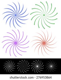 Various colorful abstract spirally elements with dashed lines. Vector.