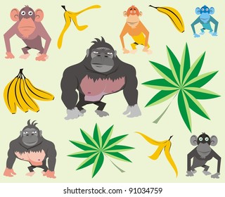 Various colorful apes and monkeys - vector cartoon illustration set