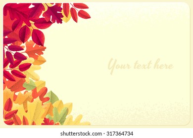 Various colorful autumn leaves template. Maple, oak, mountain ash, rowan, linden, hawthorn. Retro vector illustration. Design for poster, invitation, card, flyer. Place for your text