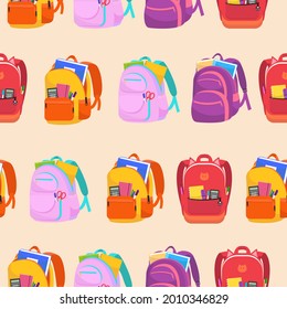 Various colorful backpacks with stationery. Hand drawn vector seamless pattern. Beige background. Packaging, вackground, textile template.