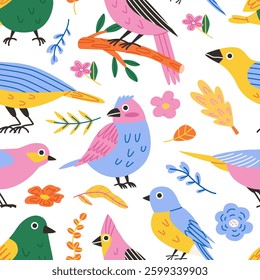 Various colorful birds seamless pattern. Flat design. Hand drawn colored vector pattern. Modern trendy illustration on white background.