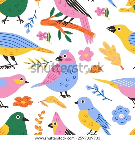Various colorful birds seamless pattern. Flat design. Hand drawn colored vector pattern. Modern trendy illustration on white background.