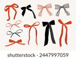 Various colorful Bow knots elements, gift bows. Hand drawn trendy Vector illustration. Wedding celebration, holiday, party birthday decoration, gift, present concept. 