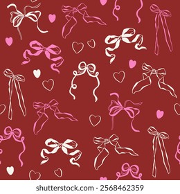 Various colorful Bow knots, gift bows. Hand drawn Valentine's day whimsy Vector illustration. Wedding celebration, holiday, party birthday decoration. Seamless Pattern, abstract background.