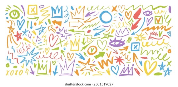 Various colorful brush drawn doodles, scribbles and squiggles, arrows, crowns collection. Hand drawn punk style elements for notes and social media. Hearts and doodle shapes in girly or kid's style.