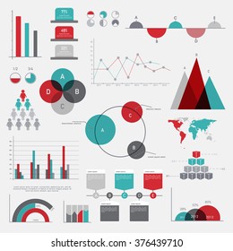 Diversos elementos de la Infografía Empresarial con barra estadística, gráficos, gráfico y mapa mundial.