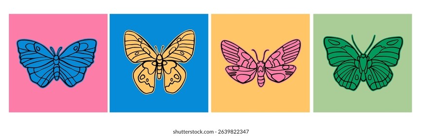 Various colorful Butterflies, moths. Abstract simple shapes. Hand drawn modern Vector illustration. Isolated design elements. Poster, logo, sticker, print, design templates