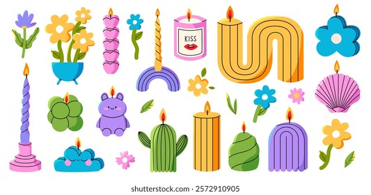 Various colorful Candles set. Different shapes and sizes. Decorative wax candles for relax and spa. Hand drawn trendy flat Vector isolated on white.