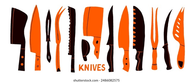 Various colorful cartoon or doodle style knives. Different knives shapes, for meet, cheese and vegetables. Hand drawn vector set of kitchen utensils. Cartoon style cute isolated elements.