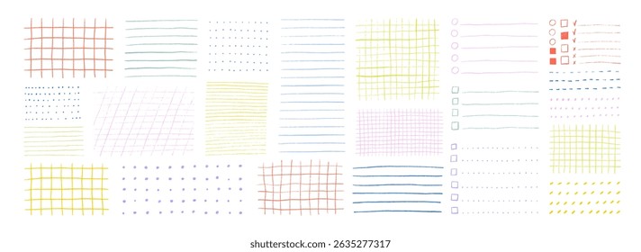Various colorful childish grids and lines patterns for paper sheets, notes and stickers. Hand drawn textures for bullet journal pages. Crayon drawn checklist templates. Vector doodle school math sheet